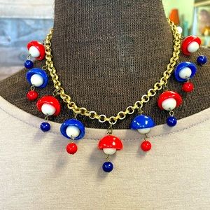 Vintage Red White & Blue Retro Plastic Necklace on Gold Tone Necklace 17 inch